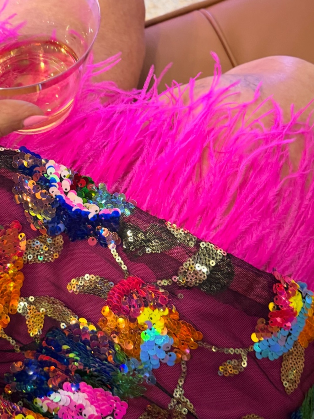 Halter Sequin Mini Dress with Feather Hem - Magenta - Picture 5 of 7